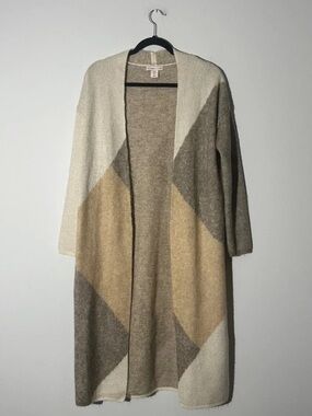 Sincerely Jules Open-Front Longline Colorblock Cardigan - Cream, Tan & Gray